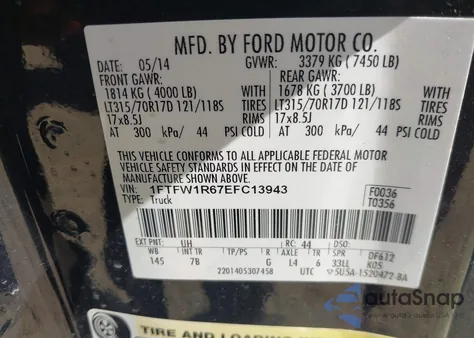 2014 Ford F-150 Svt Raptor z USA, uszkodzony, nr VIN 1FTFW1R67EFC13943